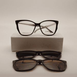 Anteojo armazón clip on negro de acetato óptica monte grande