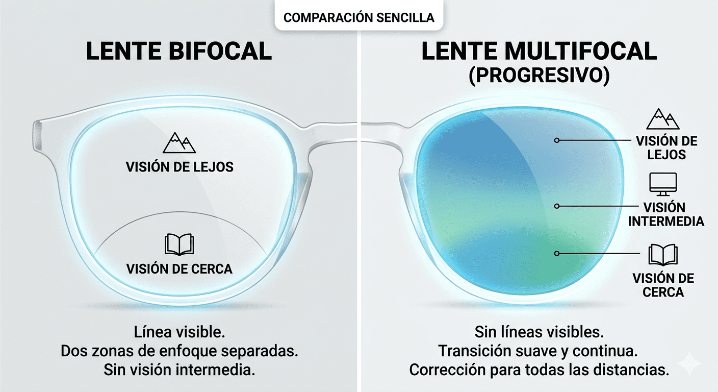 comparacion entre lente bifocal y multifocal en un anteojo tansparente