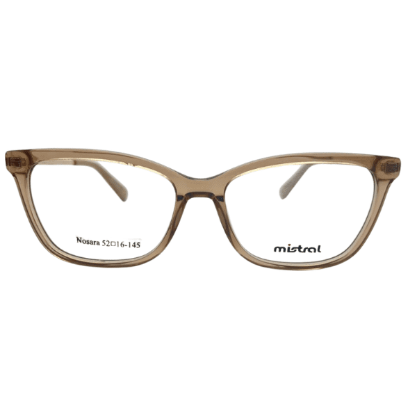 Armazón de receta Mistral modelo Nosara con frente de acetato color marrón claro traslúcido y formato cat eye sutil."