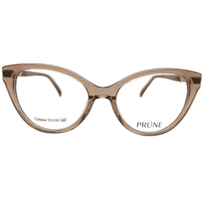 Armazón de receta para mujer PRÜNE modelo Celenia en acetato rosa viejo traslúcido con formato cat-eye."