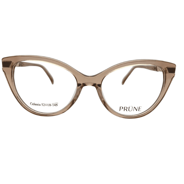 Armazón de receta para mujer PRÜNE modelo Celenia en acetato rosa viejo traslúcido con formato cat-eye."