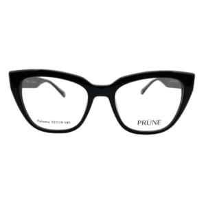 Armazón de receta PRÜNE modelo Paloma en acetato negro brillante con formato cat-eye marcado.