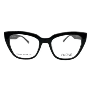 Armazón de receta PRÜNE modelo Paloma en acetato negro brillante con formato cat-eye marcado.